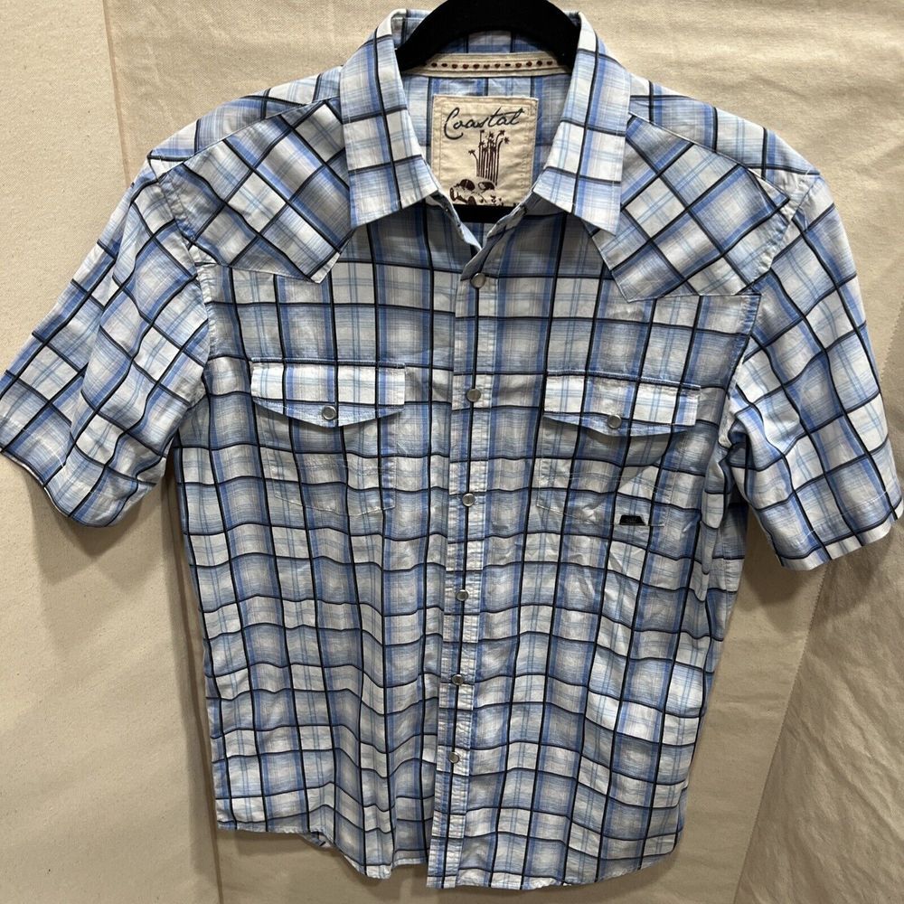 Coastal‎ Button Down Pearl Snap Shirt Blue Plaid Short Sleeve Western Cowboy M